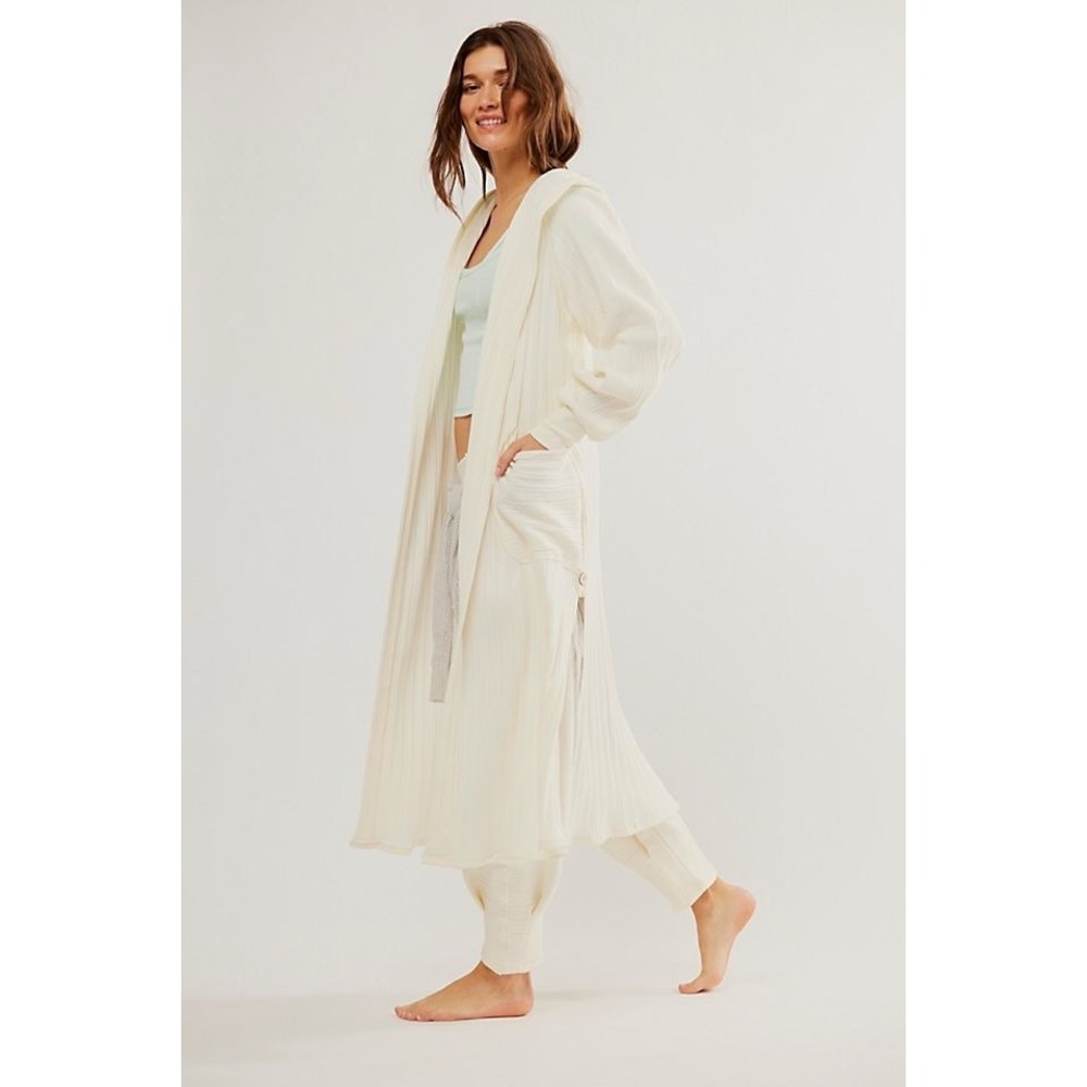 Free People Cream Long Hooded Ribbed Duster Cardigan